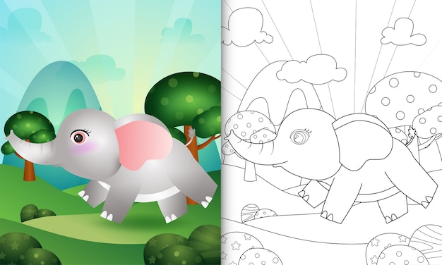 Libro para colorear para niños con una linda ilustración de personaje de elefante