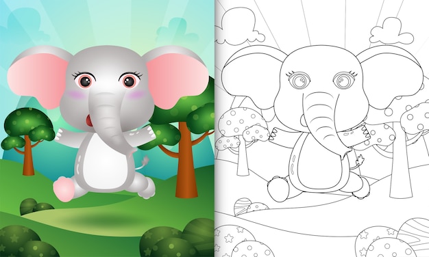 Libro para colorear para niños con una linda ilustración de personaje de elefante