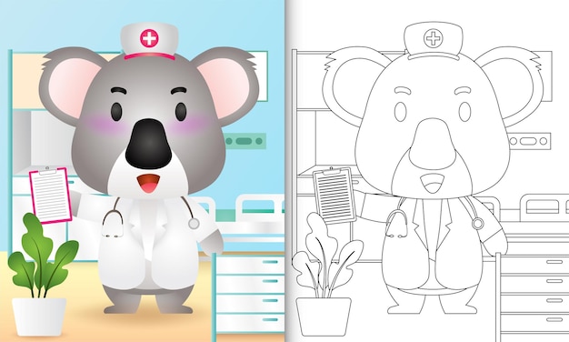 Libro para colorear para niños con una linda ilustración de personaje de enfermera koala