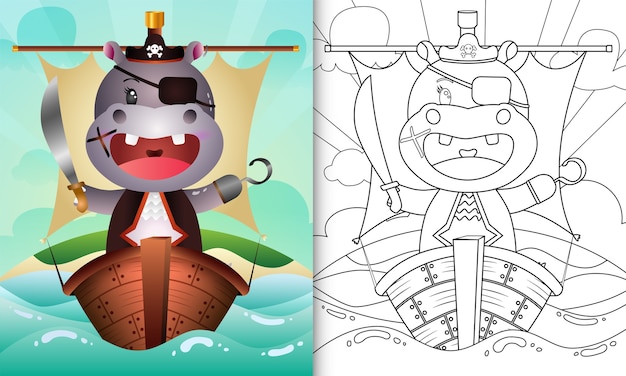 Vector libro para colorear para niños con una linda ilustración de personaje de hipopótamo pirata en el barco