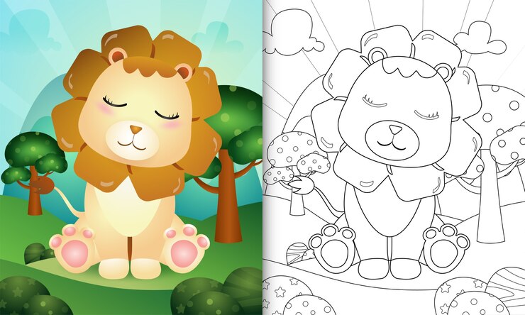 Vector libro para colorear para niños con una linda ilustración de personaje de león