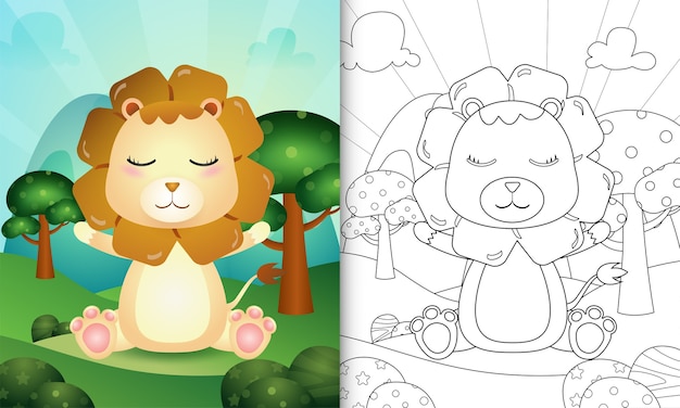 Libro para colorear para niños con una linda ilustración de personaje de león