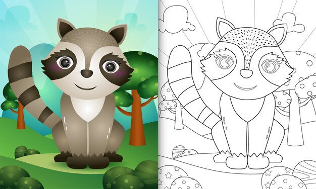 Libro para colorear para niños con una linda ilustración de personaje de mapache