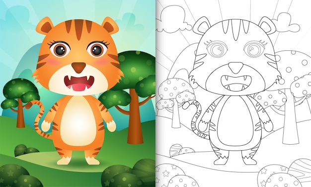 Libro para colorear para niños con una linda ilustración de personaje de tigre