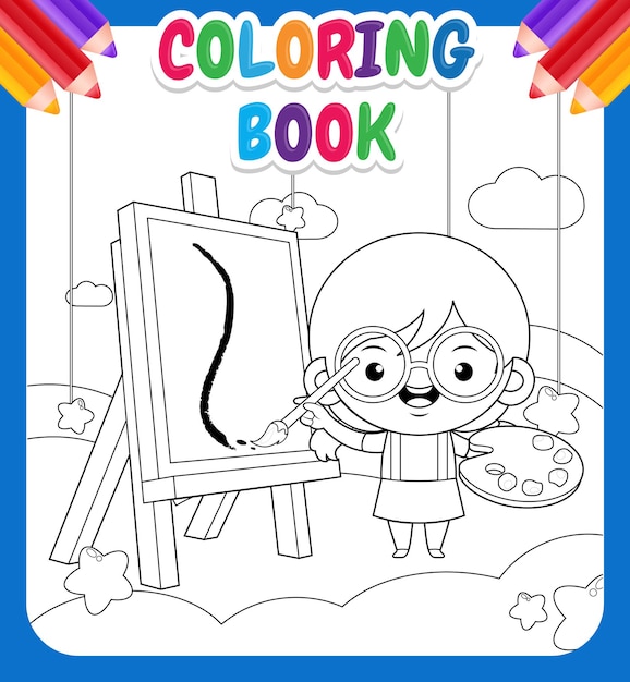 Libro de colorear para niños. Linda niña pintando en la nube