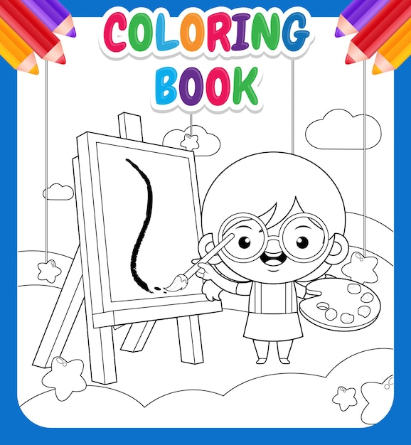 Libro de colorear para niños. linda niña pintando en la nube