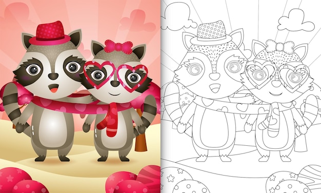 Libro de colorear para niños con linda pareja de mapaches de san valentín ilustrada