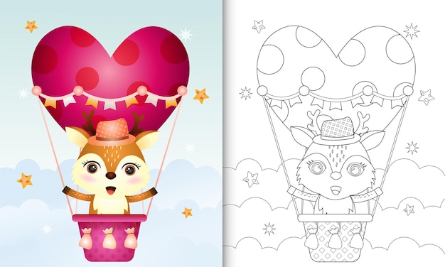 Libro para colorear para niños con un lindo ciervo en globo aerostático con tema de amor día de san valentín