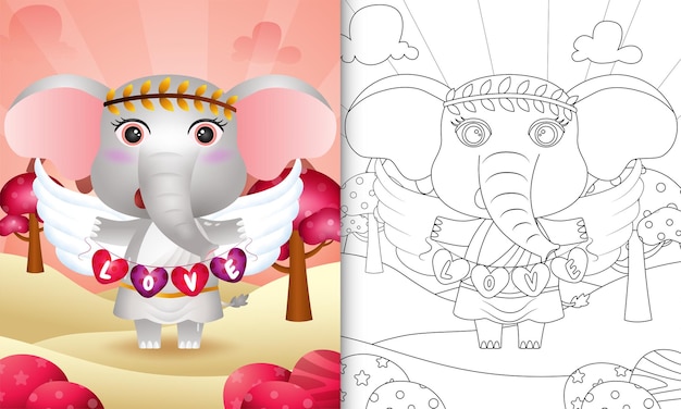 Libro para colorear para niños con un lindo elefante ángel usando un disfraz de cupido sosteniendo una bandera en forma de corazón