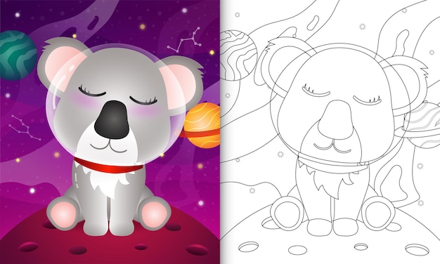 Libro para colorear para niños con un lindo koala en la galaxia espacial