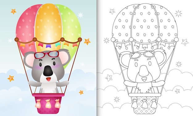 Libro para colorear para niños con un lindo koala en globo aerostático