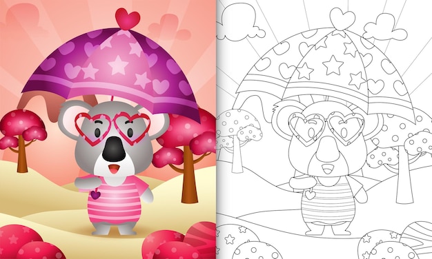 Libro para colorear para niños con un lindo koala con paraguas con temática de san valentín