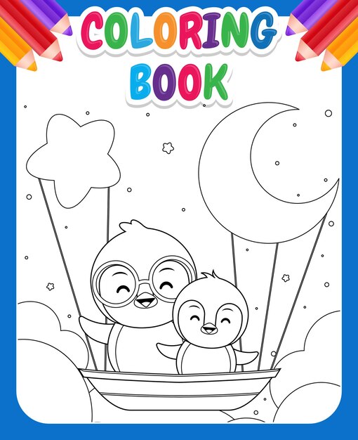 Libro de colorear para niños. Lindo pingüino montando en bote volador por la noche