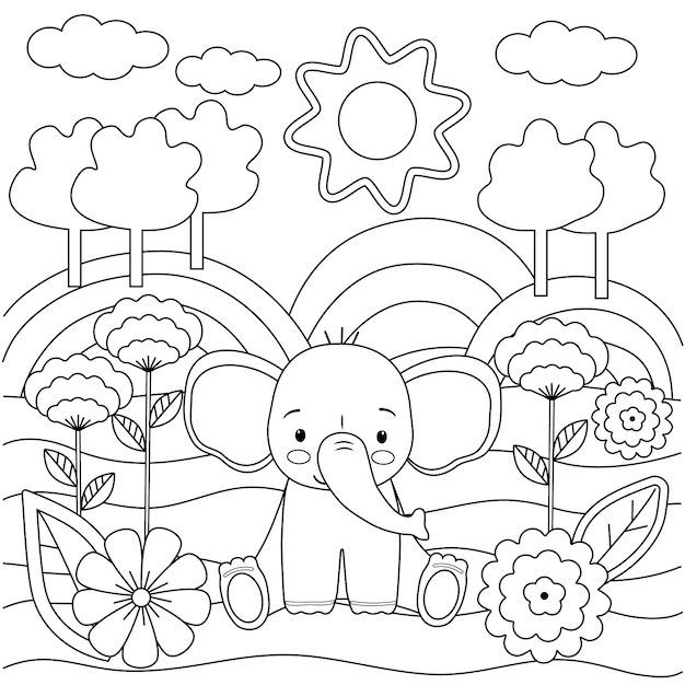 Libro para colorear para niños con lindos elefantes y flores Contorno de formas simples para niños pequeños Ilustración vectorial de dibujos animados