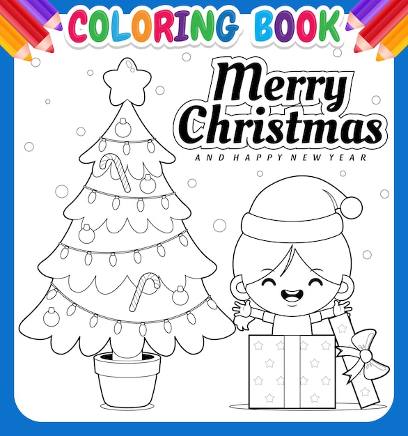 Libro de colorear para niños niña en caja de regalo celebrando la navidad y el año nuevo