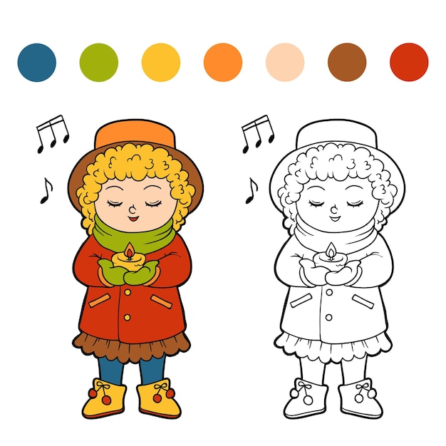 Libro de colorear para niños, niña cantando una canción de navidad