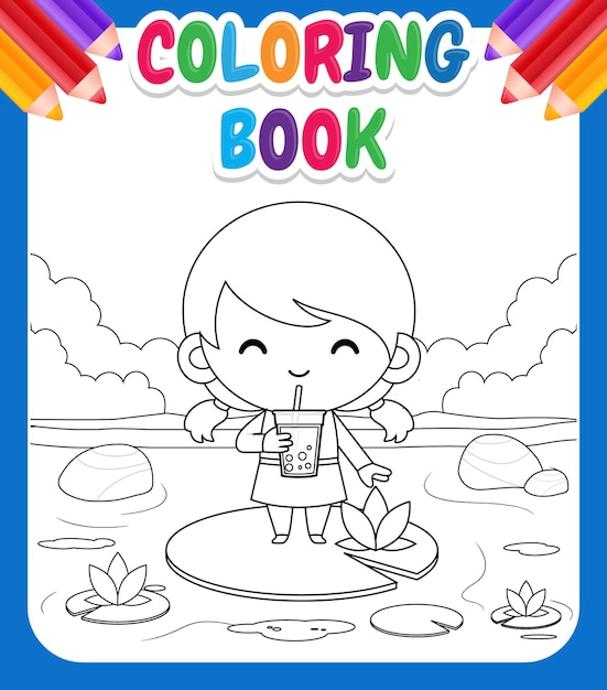 Libro para colorear para niños con niña de dibujos animados de pie sobre loto