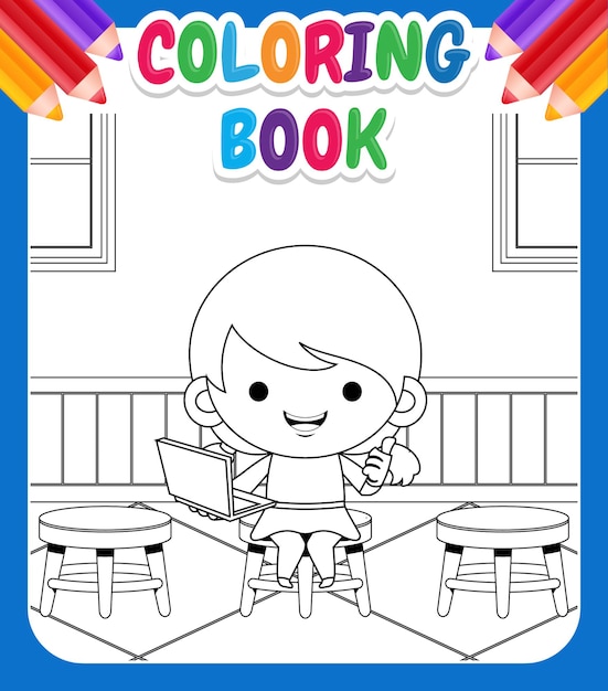 Vector libro de colorear para niños. niña linda de dibujos animados con presentación de portátil en el aula