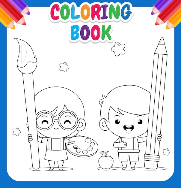 Libro para colorear para niños Niña linda con pincel grande y niño con lápiz grande
