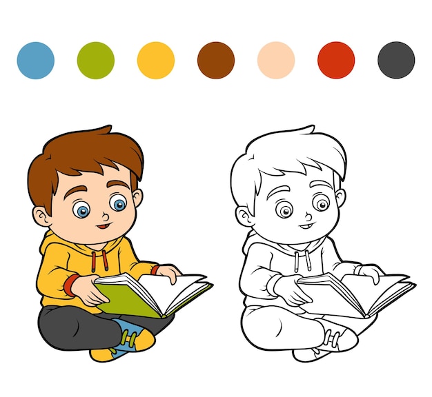 Libro de colorear para niños, niño leyendo un libro
