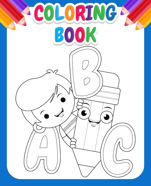 Libro de colorear para niños. niño lindo de dibujos animados con lápiz con alfabeto