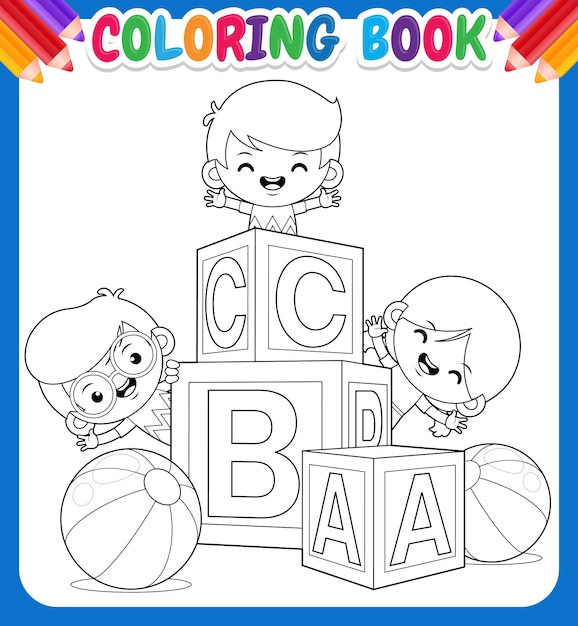 Vector libro de colorear para niños. niños felices con bloque de alfabeto