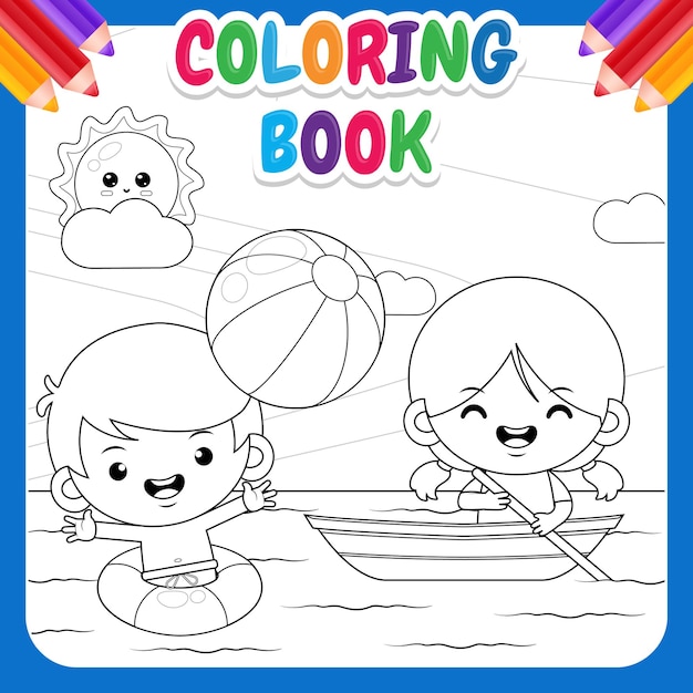 Vector libro para colorear para niños niños felices en el mar