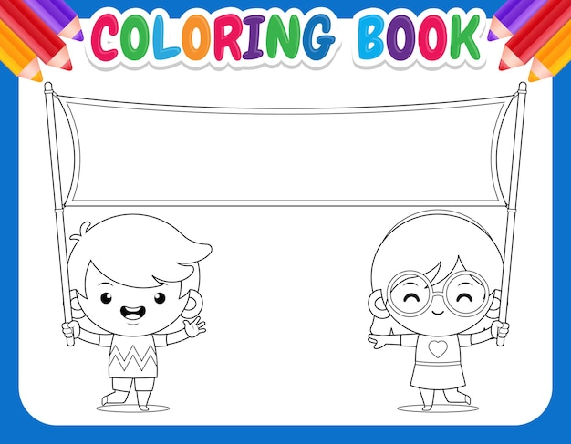 Vector libro de colorear para niños. niños sosteniendo pancartas en blanco