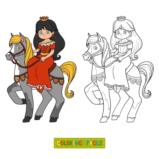 Libro de colorear para niños, personaje de dibujos animados, princesa con caballo