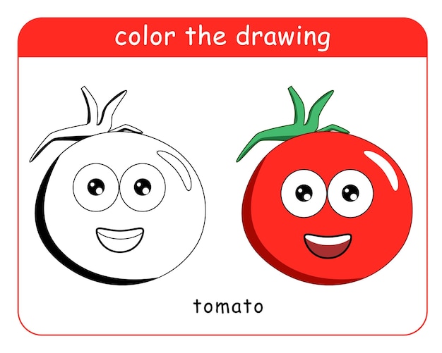 Libro para colorear para niños Personaje de tomate en color y en blanco y negro.
