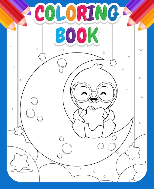 Vector libro de colorear para niños. pingüino feliz de dibujos animados sentado en la luna y sosteniendo estrellas en él regazo