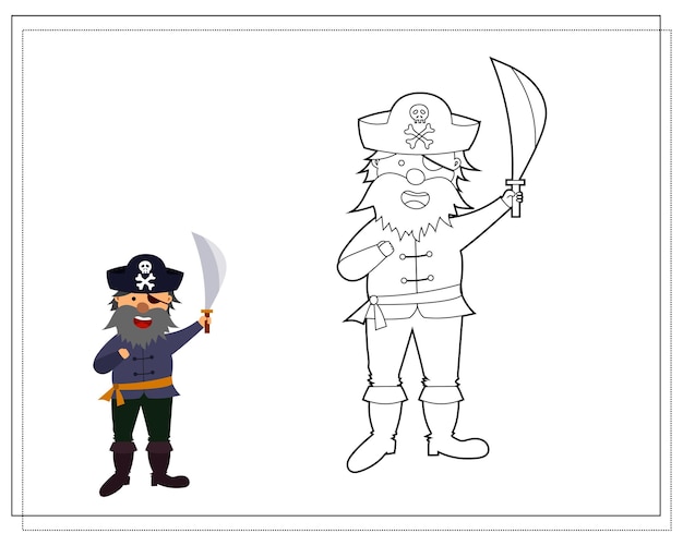 Libro para colorear para niños pirata de dibujos animados Vector aislado en un fondo blanco