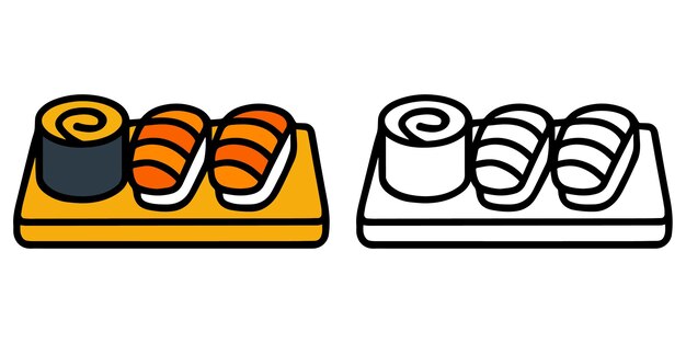 Libro para colorear para niños Un plato de sushi Alimentos imprimibles con colorido completo y contorno vectorial