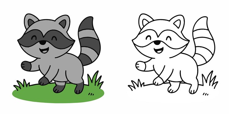 Vector libro para colorear para niños raccoon sonriente jugando en un césped con esquema ilustración