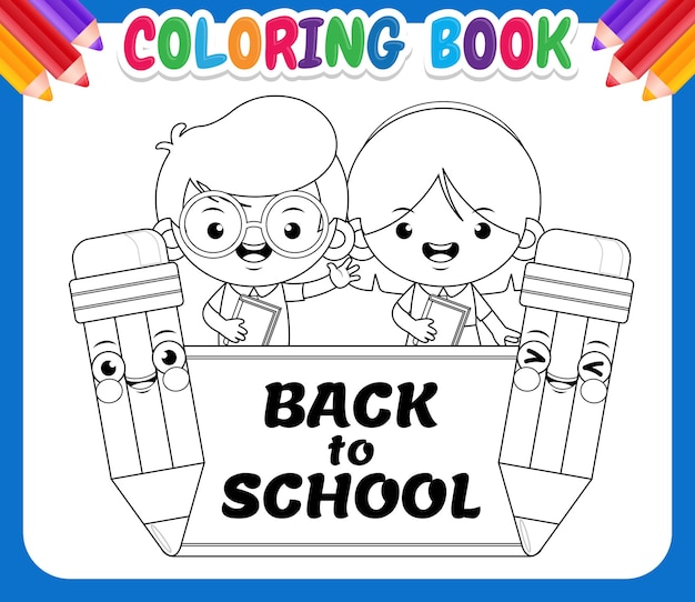 Libro de colorear para niños. Regreso a la escuela lindo estudiante con lápices