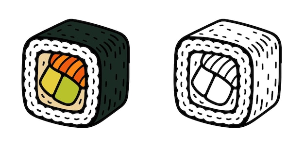 Libro para colorear para niños Un rollo de sushi imprimible con ilustraciones vectoriales completamente coloridas y de contorno