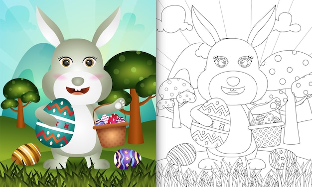 Libro de colorear para niños con tema de feliz día de pascua con un lindo conejo sosteniendo el huevo de cubo y el huevo de pascua