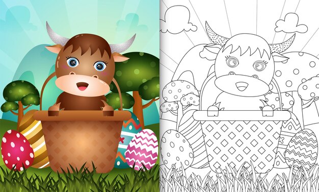 Libro de colorear para niños con temática feliz día de pascua con un lindo búfalo en el huevo de cubo