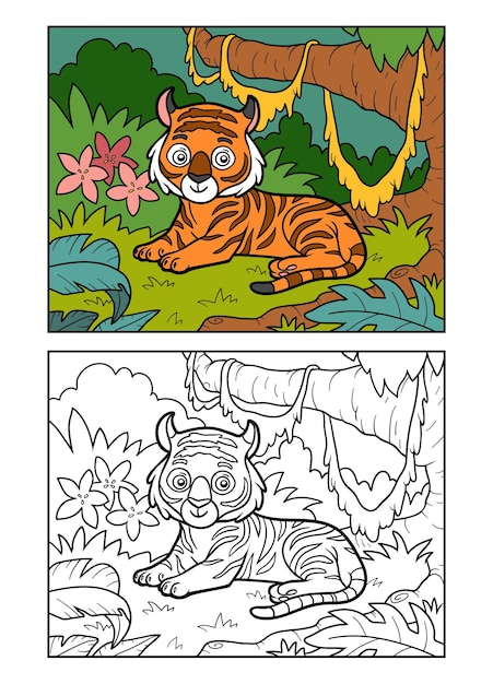 Libro para colorear para niños Tigre en la selva