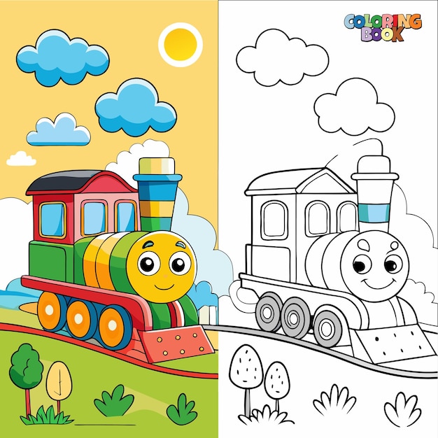 Libro para colorear para niños tren vector