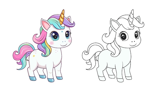 Libro de colorear para niños unicornio lindo un caballo mágico con un cuerno un caballo fabuloso una ilustración vectorial dibujada a mano