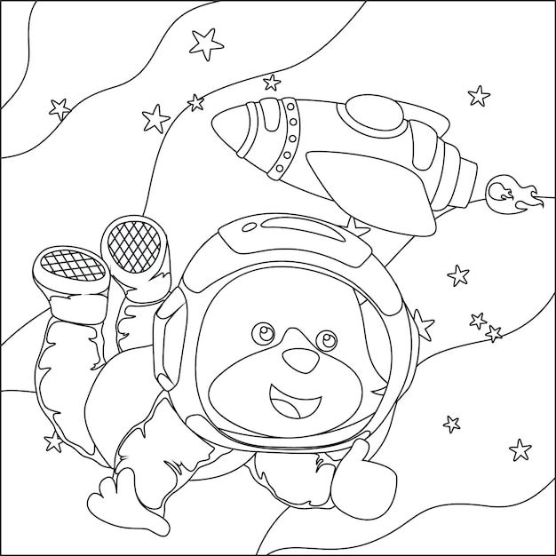 Libro de colorear para niños Vector Lindo oso astronauta vuela en el espacio libro para colorear