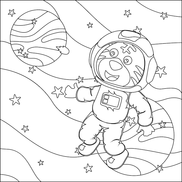 Libro de colorear para niños Vector Lindo tigre astronauta vuela en el espacio libro para colorear