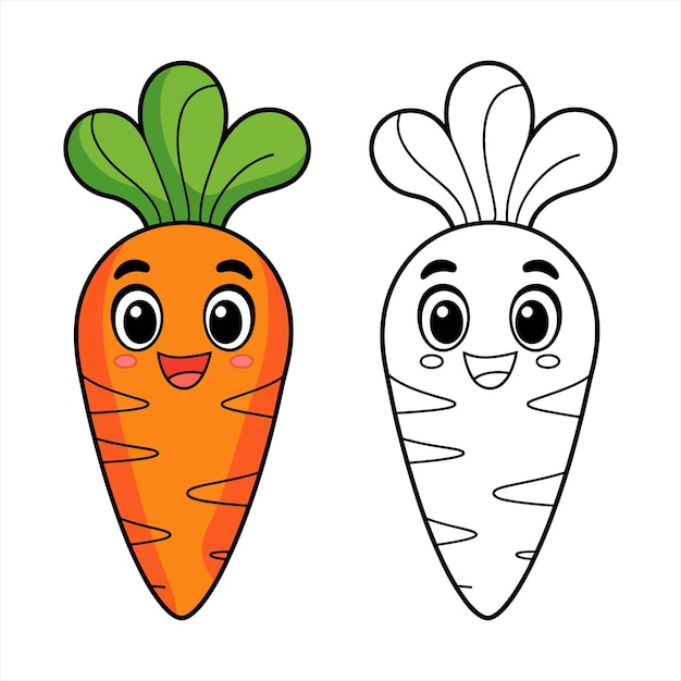 Libro de colorear para niños con zanahoria Libro de colorar con lindos vegetales de dibujos animados Ilustración vectorial