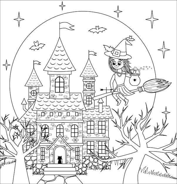 Libro de colorear. noche de luna llena de halloween con castillo y bruja en escoba. en blanco y negro. vector