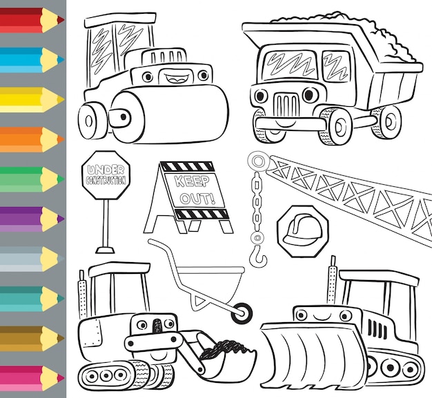 Libro para colorear o con divertidos dibujos animados de vehículos de construcción