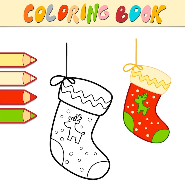 Libro para colorear o página para colorear para niños. Calcetín de Navidad vector blanco y negro