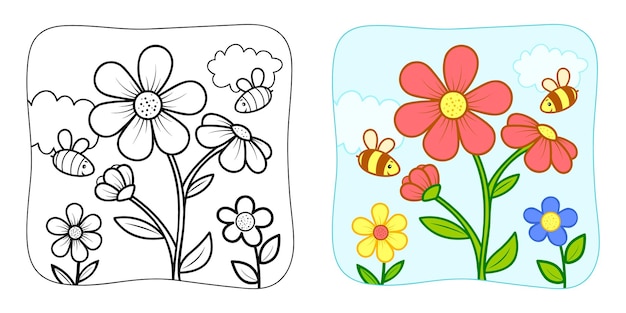 Libro para colorear o página para colorear para niños flor y abejas vector clipart fondo de la naturaleza