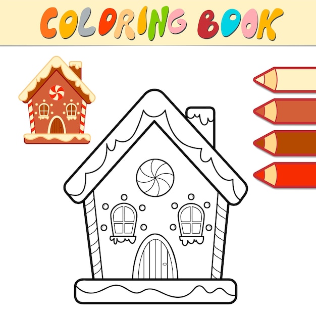 Libro para colorear o página para colorear para niños. Ilustración de vector blanco y negro de casa de pan de jengibre de Navidad