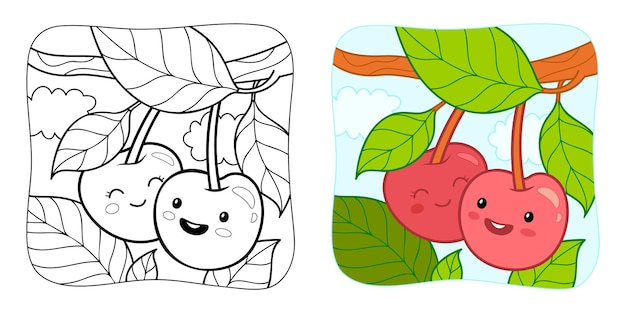 Vector libro para colorear o página para colorear para niños imágenes prediseñadas de vector de cereza fondo de naturaleza